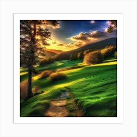 Sunset In A Green Field Art Print