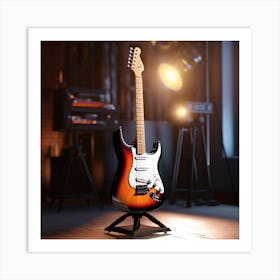 Electric Guitar On A Stand On A Stage Art Print