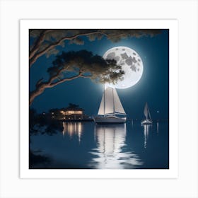 Full Moon Over Sailboats Art Print