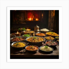 Assortment Of Indian Cuisine Showcasing Vibrant Freshness Biryani Dal Tandoori Vegetables And A Art Print