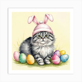 Watercolor Illustration Of Cat In Pink Easter Bunny Hat, With Easter Eggs Scattered Around Poster