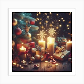 Christmas Background With Candles And Gifts Art Print