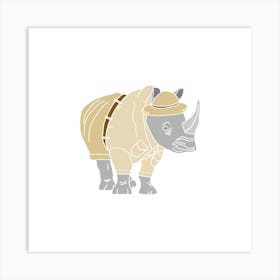 Rhinoceros In Safari Ranger Uniform, Fun Safari Animal Print, Square Art Print