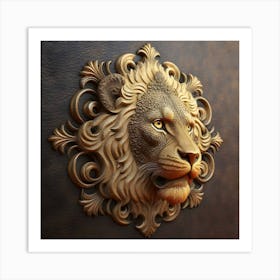 Lion in 3D view with decorative patterns crafted on leather surfaces. 1 Art Print