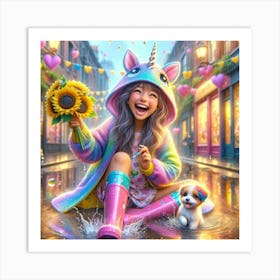 happy young girl, colorful rainbows and sunflowers - Childrens 1 Art Print