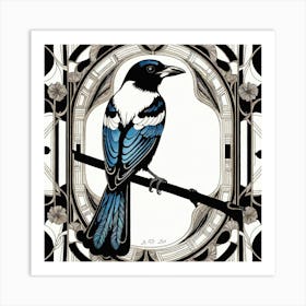 Black Ink Bird With Blue Contrast Color Illustration In Decorative Art Art Print