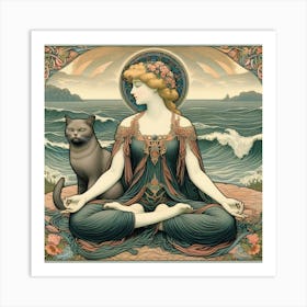 Meditating Woman With Cat 3 Art Print