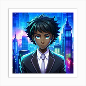 A Young Man In A Suit Standing In Front Of A Cyberpunk City Art Print