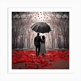 Couple Holding Umbrella In The Forest Art Print