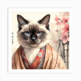 Serene Siamese Cat in Traditional Japanese Kimono Art Print
