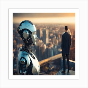 Futuristic Robot Looking Down On Man (1) Art Print