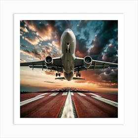 With dramatic clouds, a large airplane takes off from a runway at sunset. Art Print