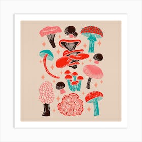 Texas Mushrooms   Red Pink And Turquoise Square Art Print