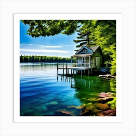 Summer House Lake Water Trees Nature Landscape Scenery Vacation Relaxation Tranquil Seren (2) Art Print