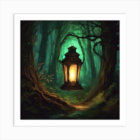 A lantern illuminating a dark forest 1 Art Print