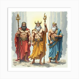 Watercolor The Powerful Gods Of Olympus In Mythical Settings 1 Art Print