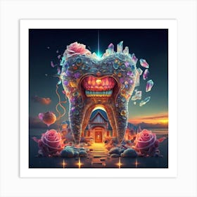 , a house in the shape of giant teeth made of crystal with neon lights and various flowers Art Print