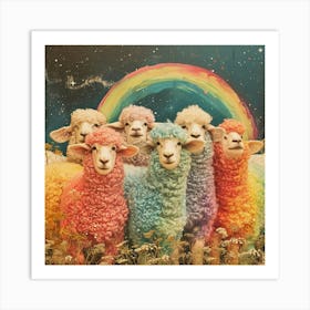 Rainbow Sheep Herd Retro Galaxy Collage Art Print
