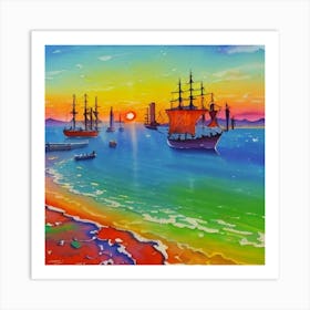 Sailboats At Sunset Art Print