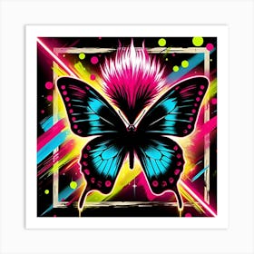 A Flashy Butterfly With A Neon Mohawk, Inspired By The Street Art Of Banksy, With A Bold Black And Neon Color Scheme, Where The Butterfly Is In Focus And The Background Is Blurred Into Neon Shapes, Framed With Abstract Brush Strokes (3) Art Print