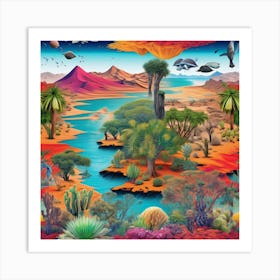 Landscape Of The Desert, A Vibrant Collage Of Different Ecosystems Deserts Forests Oceans Seamlessly Blending Together Art Print