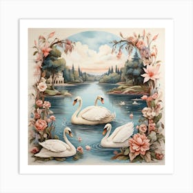 Lake and Swans in Boho Style 1 Art Print