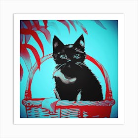 Cat Sat In A Basket Blue Art Print
