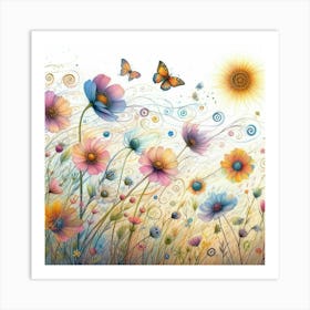 Whimsical Watercolor Painting Of Whimsical Wildflowers Dancing In The Wind, Style Watercolor Illustration Art Print