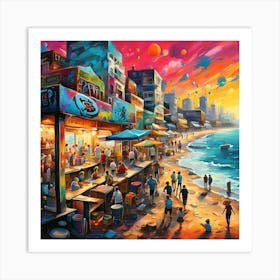 Sunset Tapestry  Of Beachgoers Bars And Shops Art Print