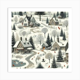 Winter Village With Ponds And Snowy Trees Art Print