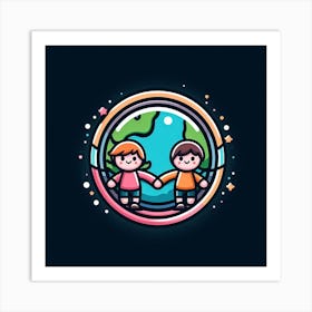 Kids Holding Hands Around The Earth Premium Vector Art Print