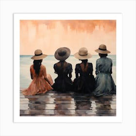 Three Women Sitting On A Dock Art Print