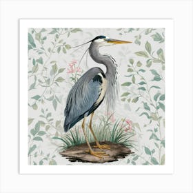 Great Blue Heron William Morris Style Bird (1) Art Print