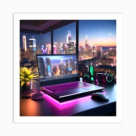 Laptop On Desk At Night 3 Art Print