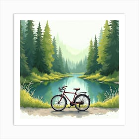 Cruiser Bike By A Serene Forest Clearing Watercolor Painting 1 Art Print