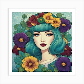 Blue Haired Girl With Flowers Art Print