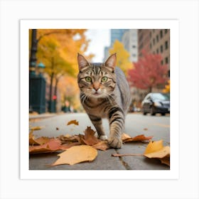 Cat Walking In Autumn Leaves Art Print