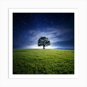 Firefly 8k, Top Quality, Live Action, Center, Night Sky, Darkness, Meadow, Plateau, Single Tree, Sea (1) Art Print