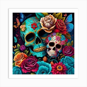 Sugar Skulls And Flowers Art Print