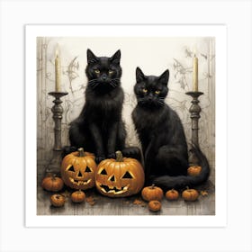 Two Black Cats With Pumpkins 1 Art Print