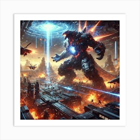 A Dramatic Sci Fi Battle Scene Showing Kaiju As Weapons Of Mass Destruction Art Print