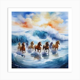 Horses In The Ocean With A Big Wave Art Print