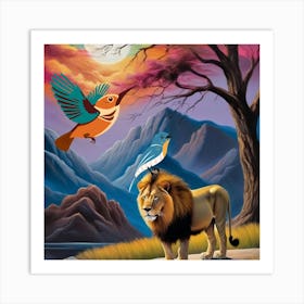 Lion And Bird Art Print