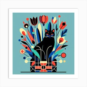 Black Cat In Flowers Art Print