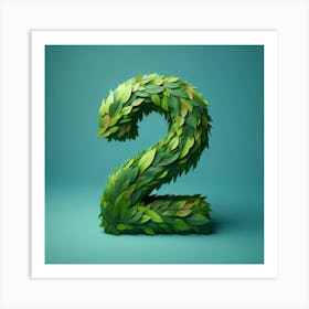 The Number 2 Made Out Of Leaves, On A Teal Background, Photorealistic Art Print