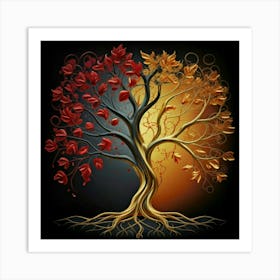 Template: Half red and half black, solid color gradient tree with golden leaves and twisted and intertwined branches 3D oil painting 9 Art Print