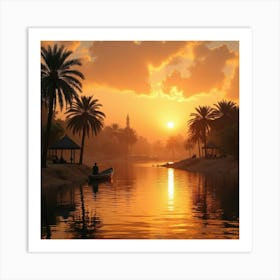 Luxurious Nile River Scene With Traditional Feluccas And Palm Trees At Sunset 1 Art Print