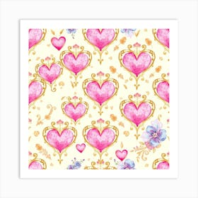 Pink And Gold Hearts Art Print