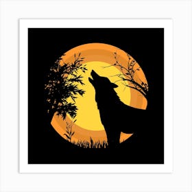 Wolf Moon Wild Grass Animal Birds Art Print