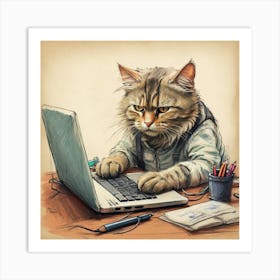 Cat Working On Laptop 3 Art Print